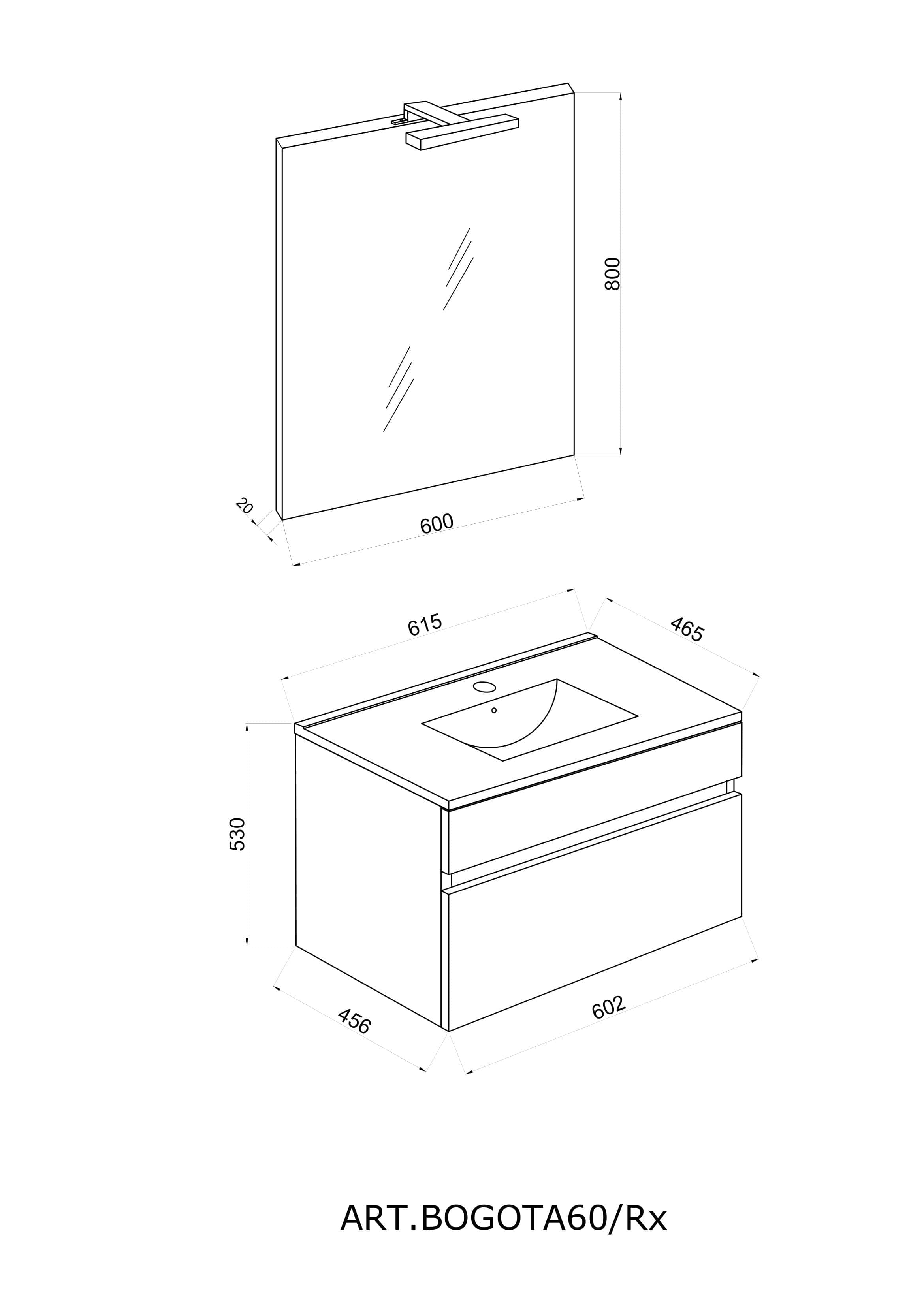 Set Mobilier baie cu lavoar SaviniDue, oglindă și lampă, colecția Bogota, lățime de 60 cm, imitație lemn