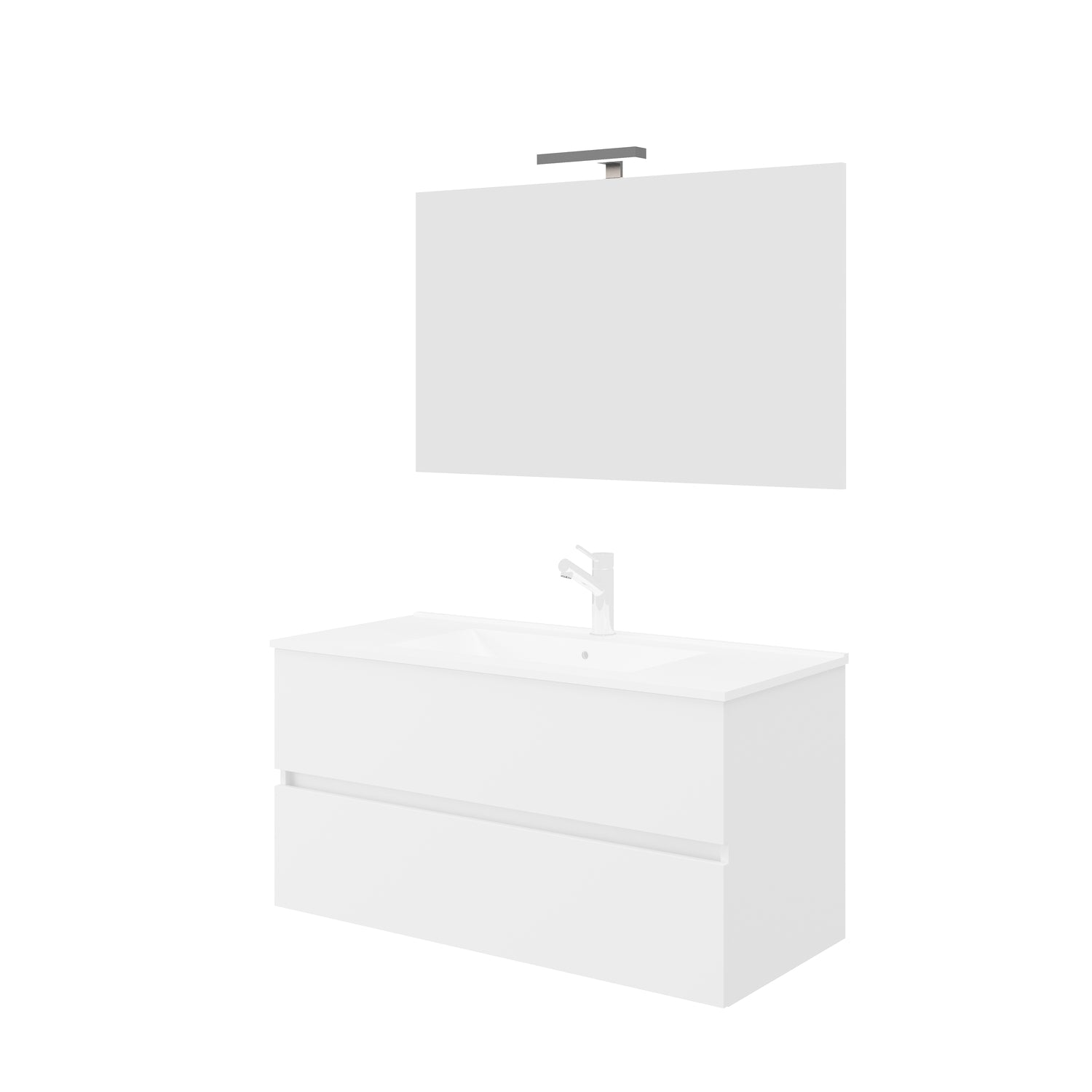 Set Mobilier baie cu lavoar SaviniDue, oglindă și lampă, colecția Easy, lățime de 100 cm, alb lucios