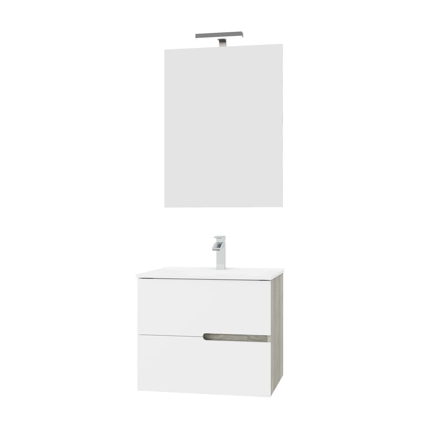 Set Mobilier baie cu lavoar SaviniDue, oglindă și lampă, colecția Eva, lățime de 60 cm, alb lucios cu lemn deschis