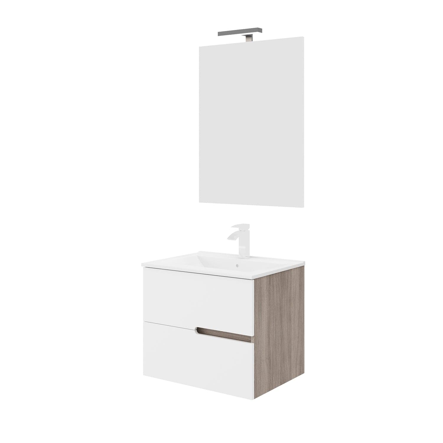 Set Mobilier baie cu lavoar SaviniDue, oglindă și lampă, colecția Eva, lățime de 60 cm, alb lucios cu lemn închis