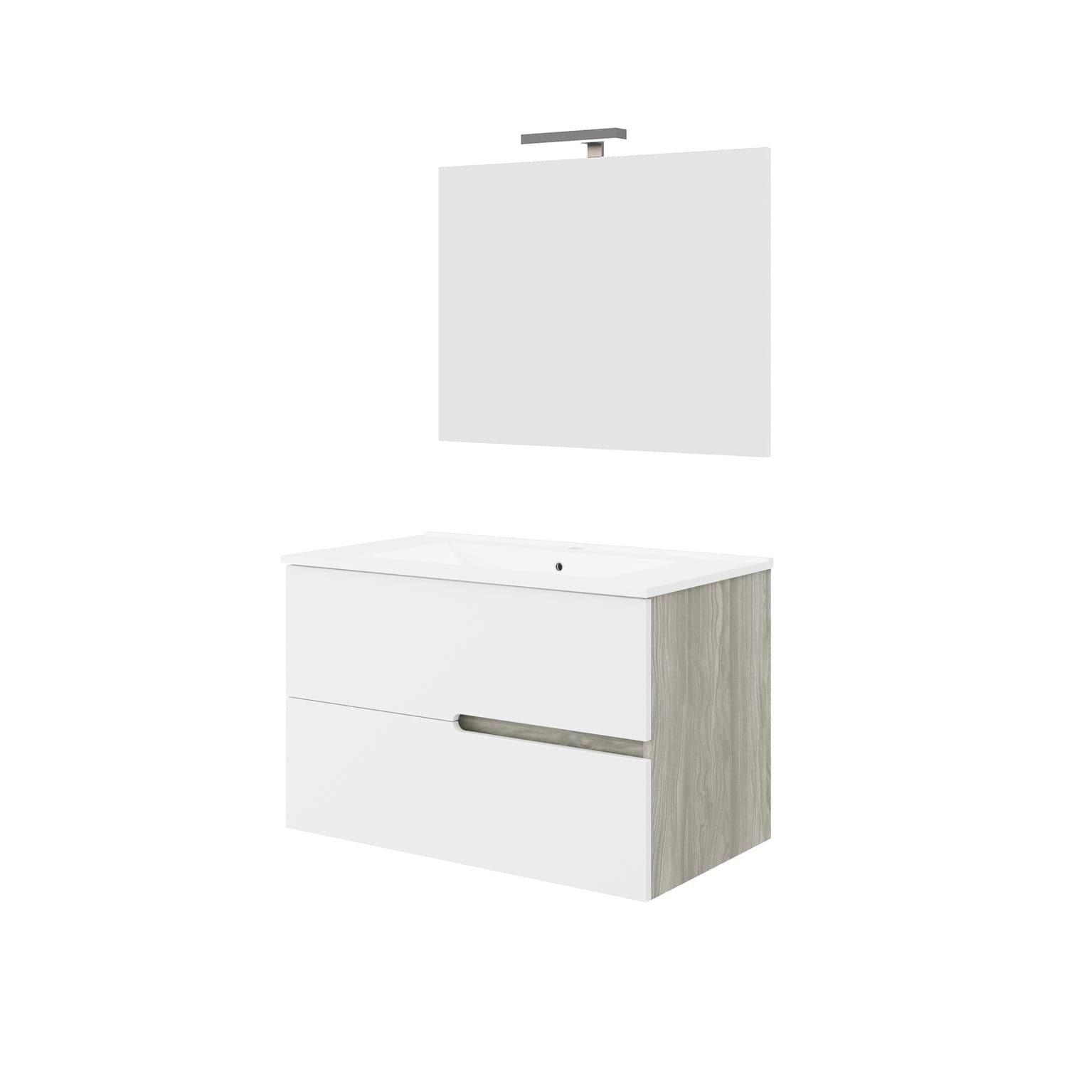 Set Mobilier baie cu lavoar SaviniDue, oglindă și lampă, colecția Eva, lățime de 80 cm, alb lucios cu lemn deschis