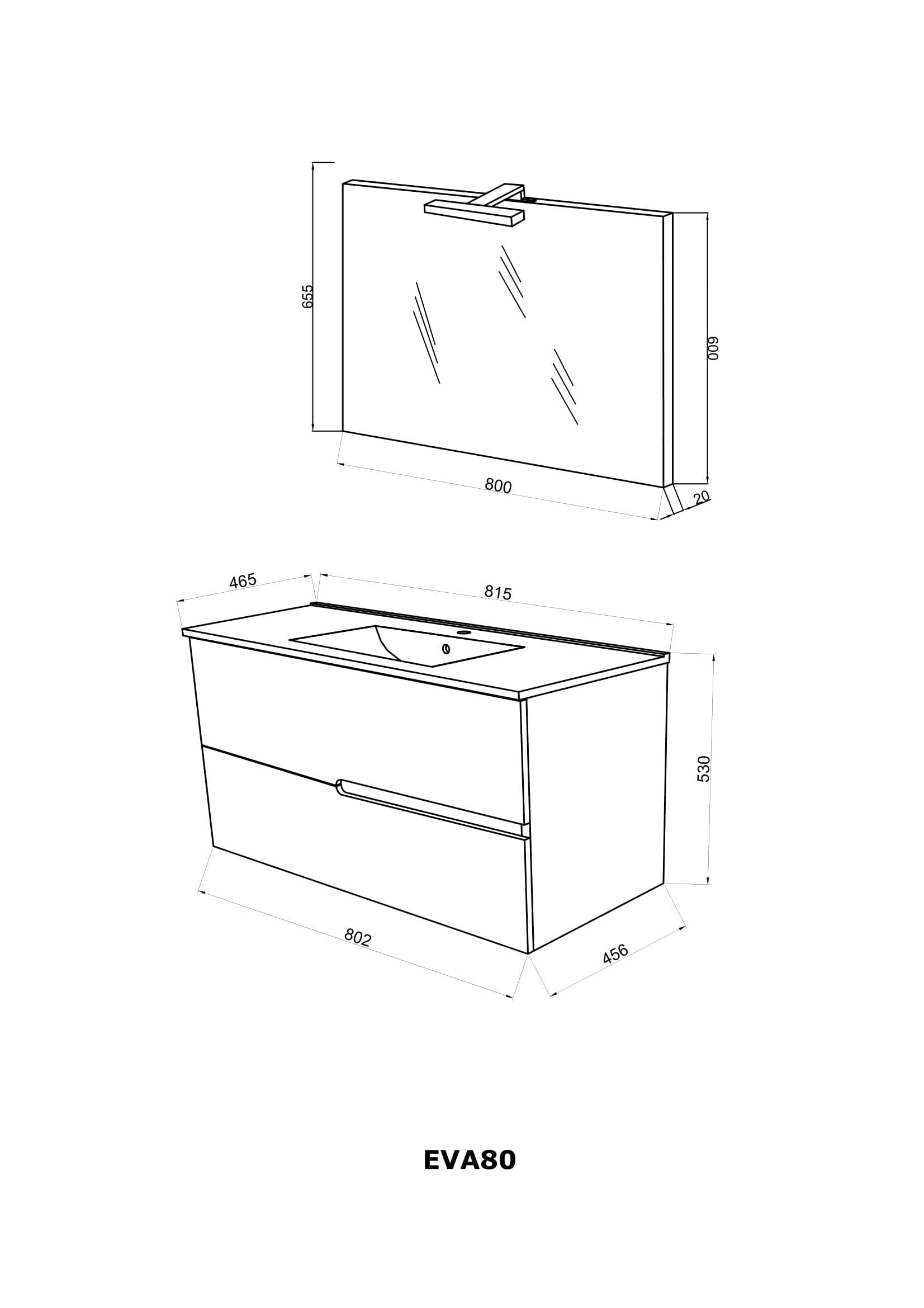 Set Mobilier baie cu lavoar SaviniDue, oglindă și lampă, colecția Eva, lățime de 80 cm, alb lucios cu lemn deschis