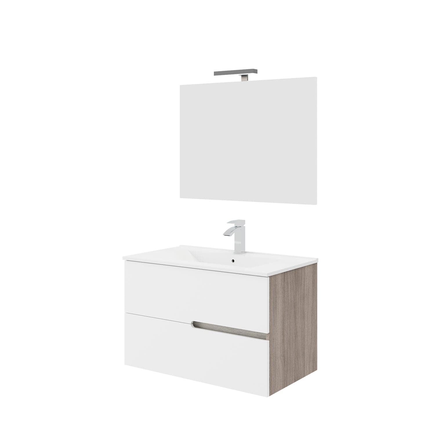 Set Mobilier baie cu lavoar SaviniDue, oglindă și lampă, colecția Eva, lățime de 80 cm, alb lucios cu lemn închis