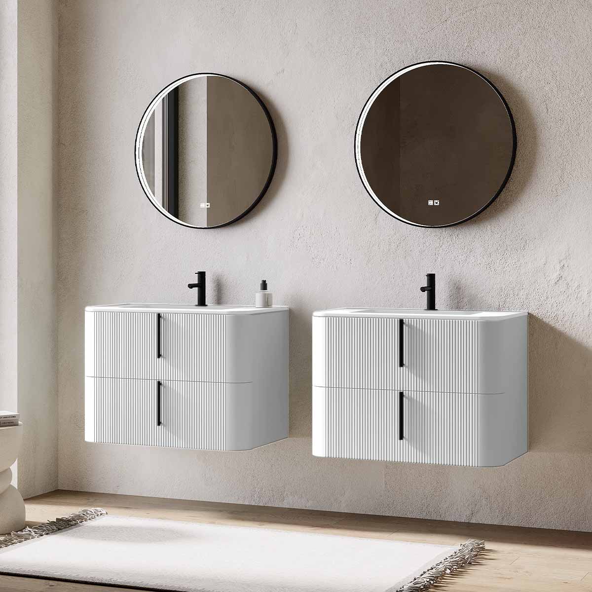 Set mobilier baie dublu suspendat alb mat, lavoar alb incastrat si oglinda, 160 cm, riflaj Cannetatto, SaviniDue Lyra