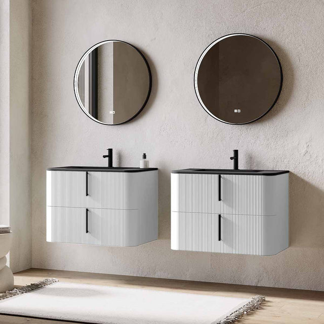 Set mobilier baie dublu suspendat alb mat, lavoar negru incastrat si oglinda, 160 cm, riflaj Cannetatto, SaviniDue Lyra