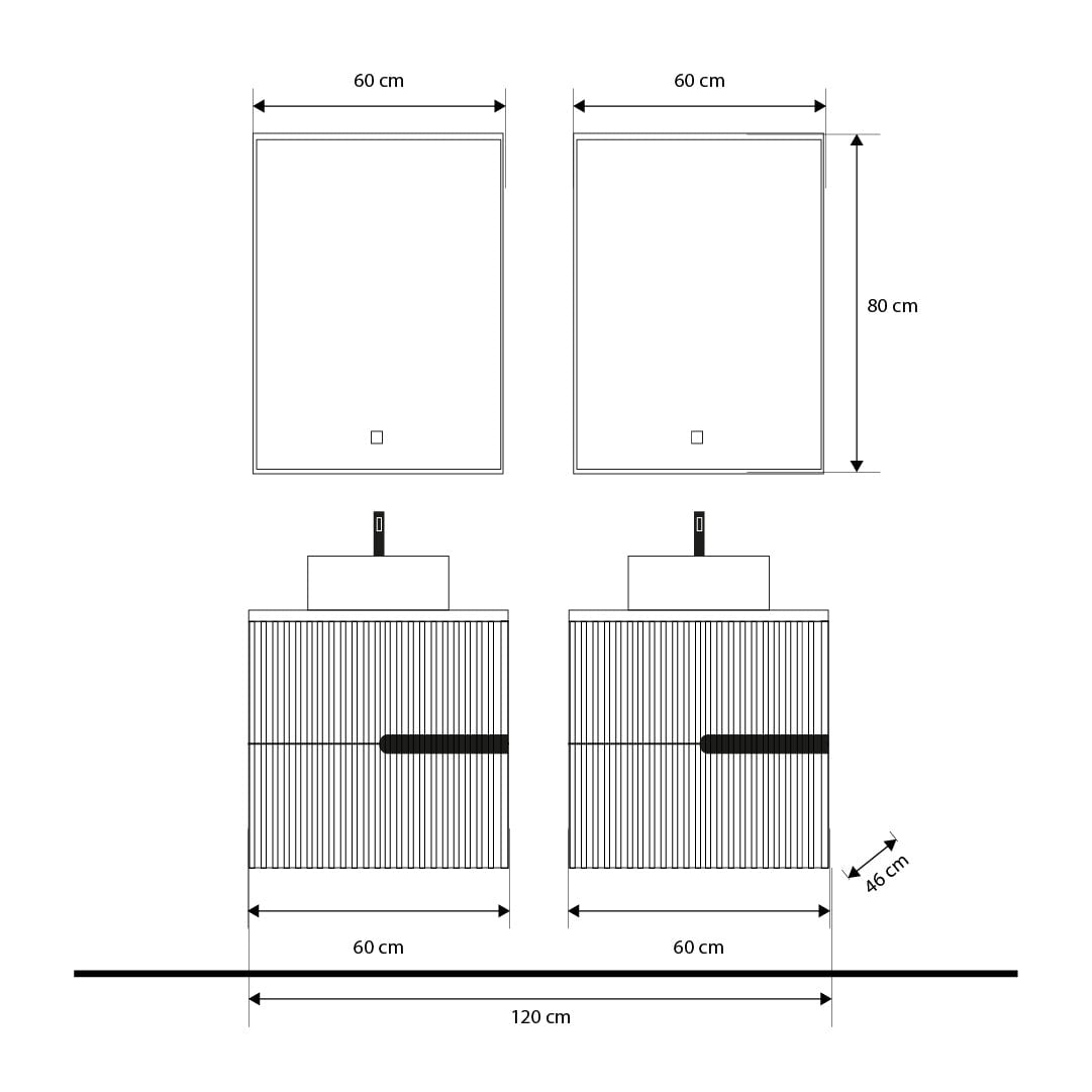 Set mobilier baie dublu suspendat bej cu imitatie lemn inchis, lavoar alb pe blat si oglinda, cu riflaje cannetatto, 120 cm, SaviniDue Eva