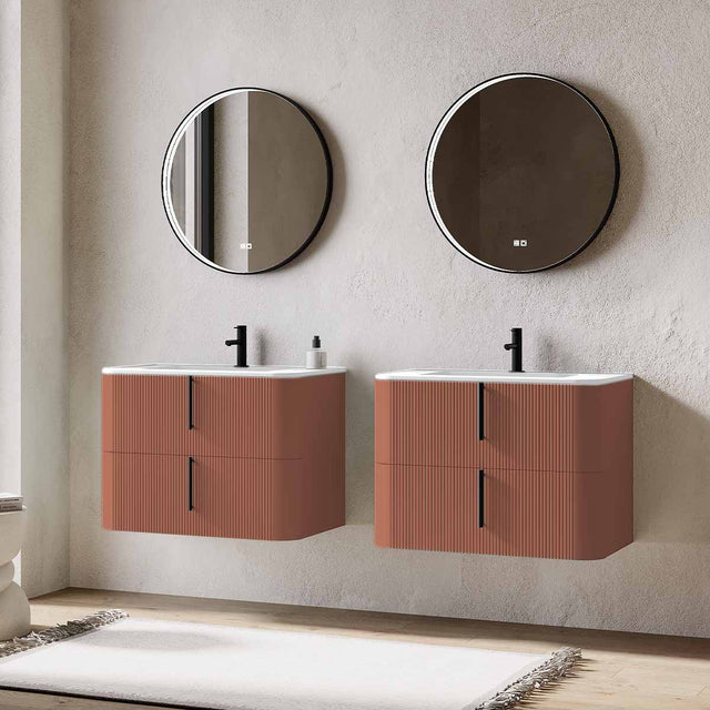 Set mobilier baie dublu suspendat caramiziu mat, lavoar alb incastrat si oglinda, 160 cm, riflaj Cannetatto, SaviniDue Lyra