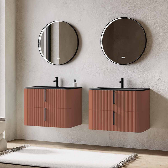 Set mobilier baie dublu suspendat caramiziu mat, lavoar negru incastrat si oglinda, 160 cm, riflaj Cannetatto, SaviniDue Lyra