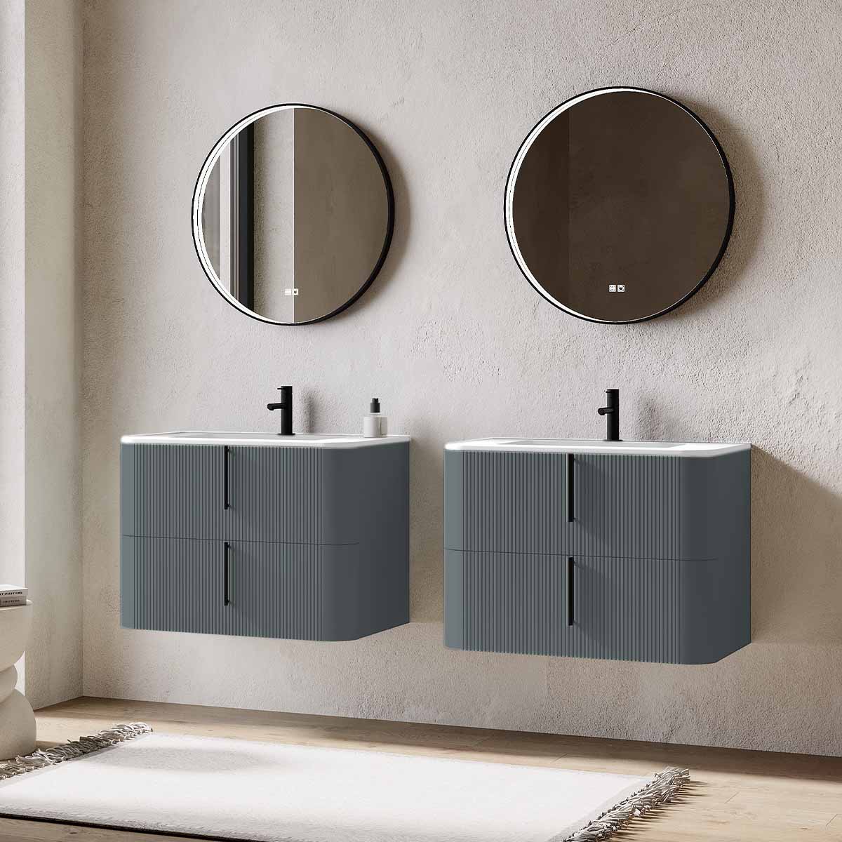 Set mobilier baie dublu suspendat gri mat, lavoar alb incastrat si oglinda, 160 cm, riflaj Cannetatto, SaviniDue Lyra