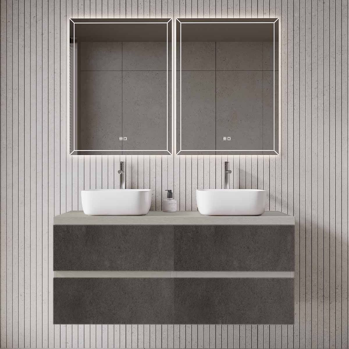 Set mobilier baie dublu suspendat gri urban cu imitatie lemn, lavoar alb pe blat si oglinda, 120 cm, SaviniDue Easy