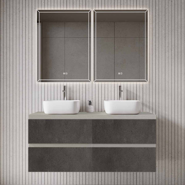 Set mobilier baie dublu suspendat gri urban cu imitatie lemn, lavoar alb pe blat si oglinda, 120 cm, SaviniDue Easy