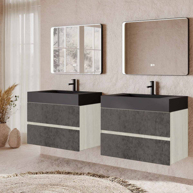 Set mobilier baie dublu suspendat gri urban cu stejar deschis, lavoar negru pe blat si oglinda, 160 cm, SaviniDue Easy