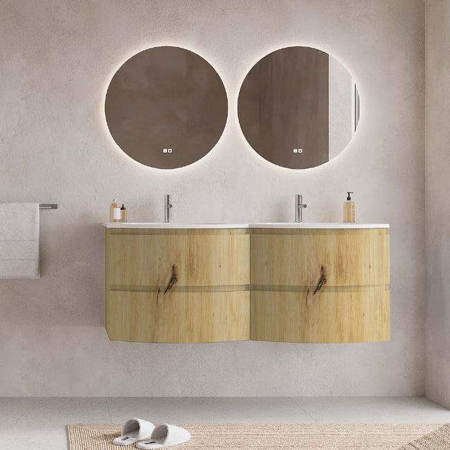 Set mobilier baie dublu suspendat imitatie lemn, lavoar alb incastrat si oglinda, 140 cm, SaviniDue Armonia