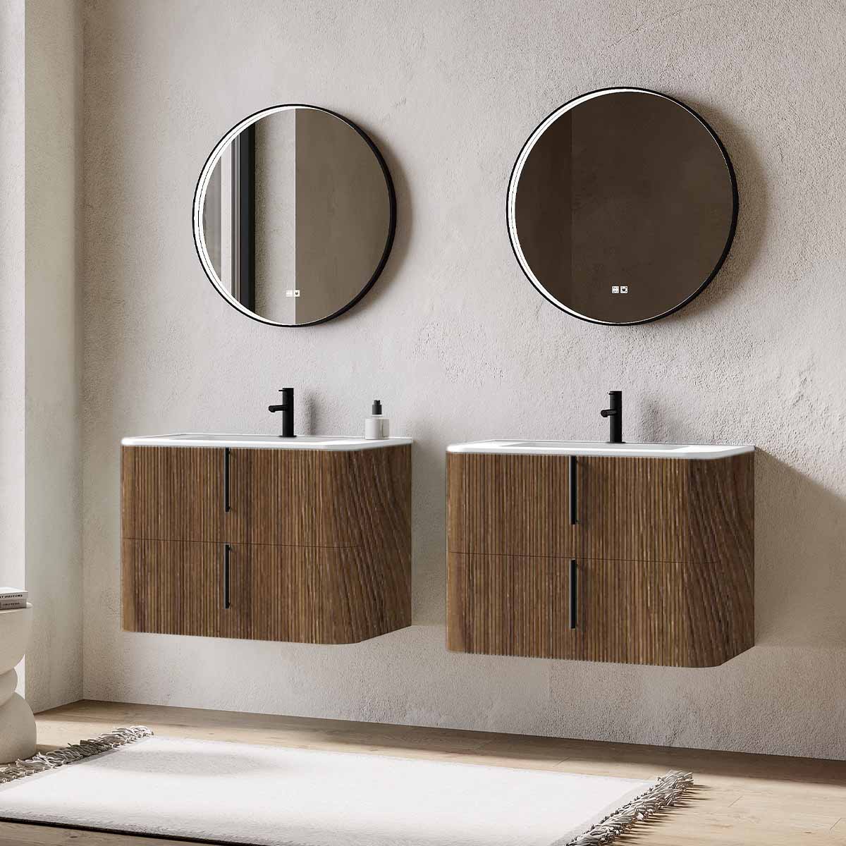 Set mobilier baie dublu suspendat imitatie lemn, lavoar alb incastrat si oglinda, 160 cm, riflaj Cannetatto, SaviniDue Lyra