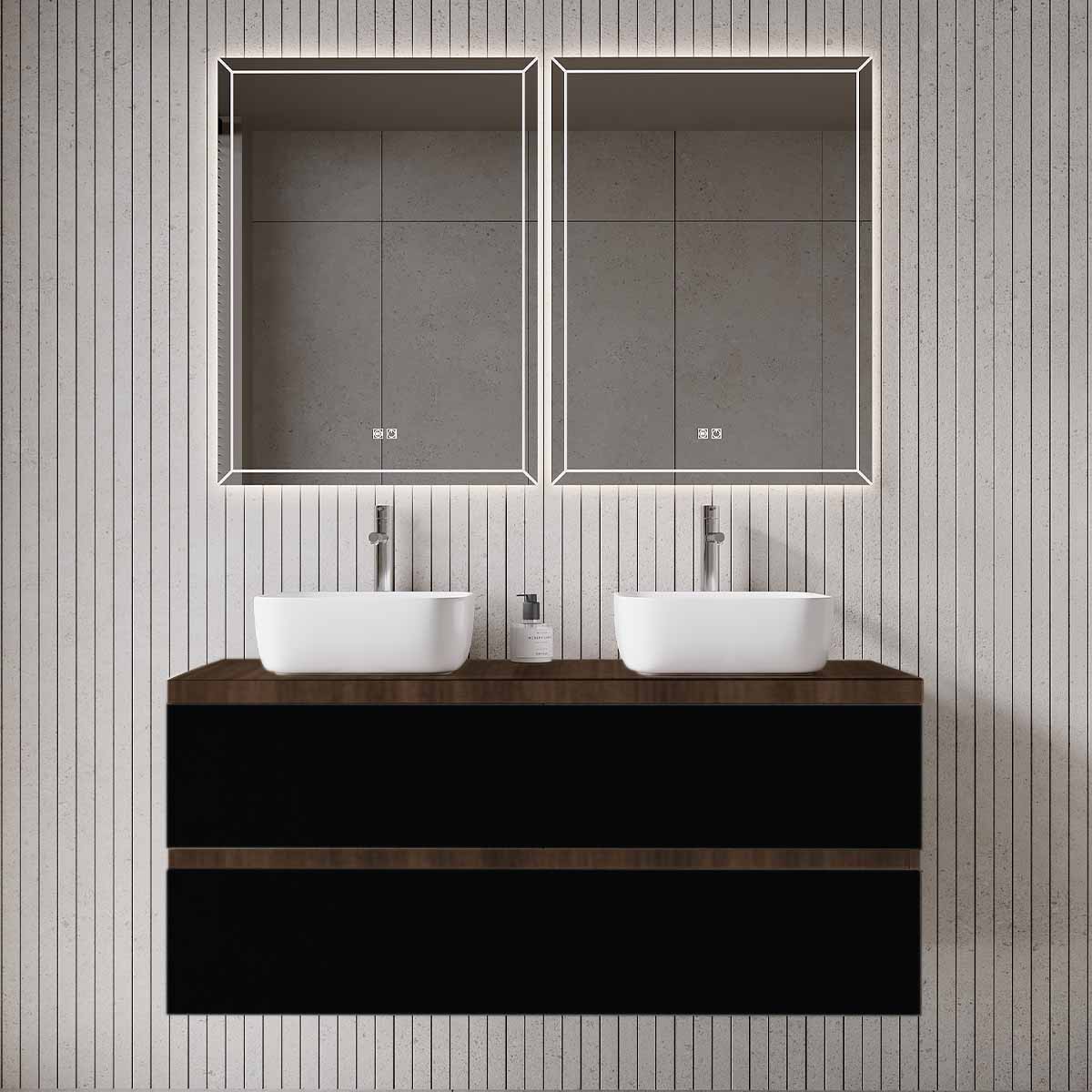 Set mobilier baie dublu suspendat negru mat cu imitatie lemn, lavoar alb pe blat si oglinda, 120 cm, SaviniDue Easy
