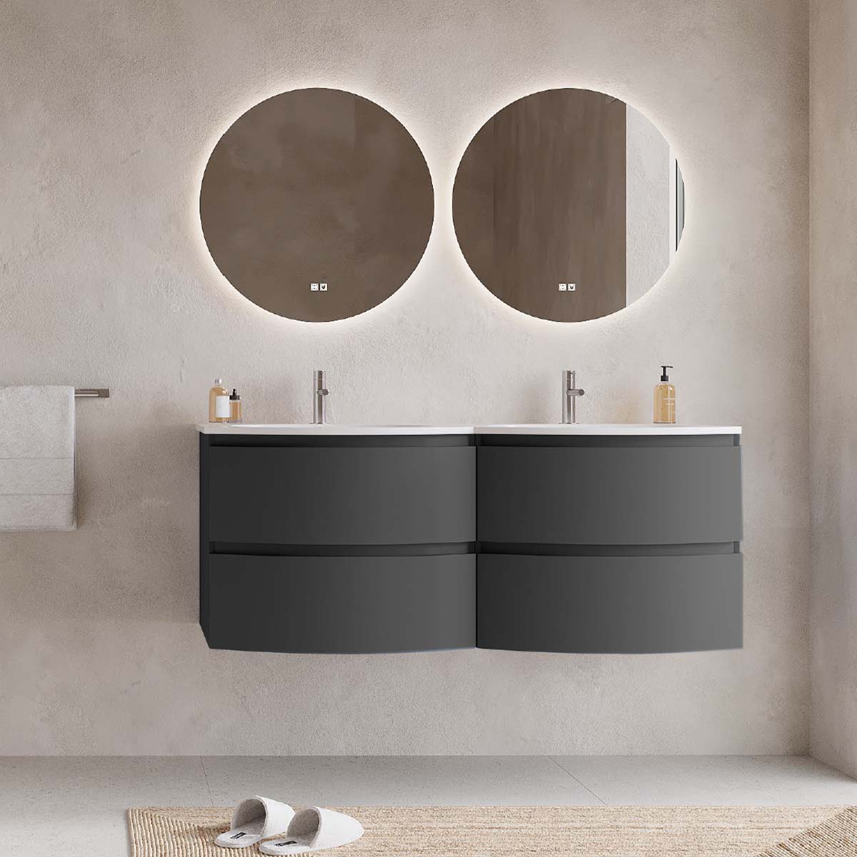 Set mobilier baie dublu suspendat negru mat, lavoar alb incastrat si oglinda, 140 cm, SaviniDue Armonia