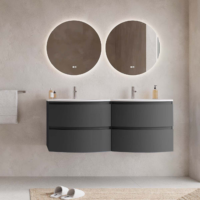 Set mobilier baie dublu suspendat negru mat, lavoar alb incastrat si oglinda, 140 cm, SaviniDue Armonia