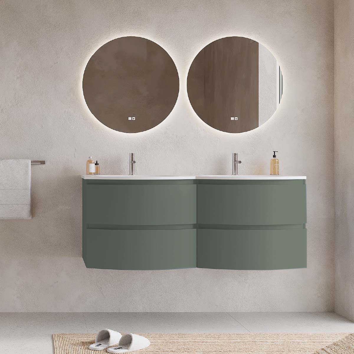 Set mobilier baie dublu suspendat verde salvie, lavoar alb incastrat si oglinda, 140 cm, SaviniDue Armonia