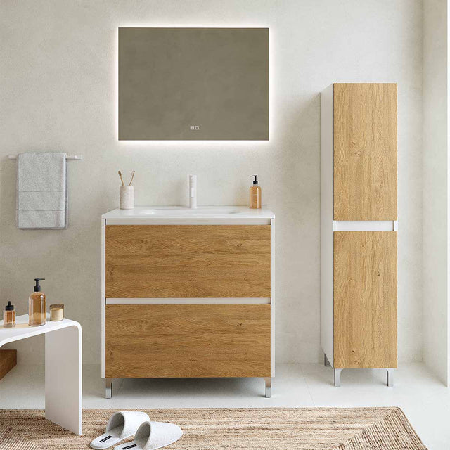 Set mobilier baie imitatie lemn cu alb, coloana, lavoar incastrat alb și oglindă, 80 cm, SaviniDue Lisbona