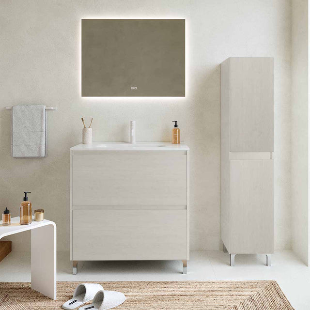 Set mobilier baie imitatie lemn gri, coloana, lavoar incastrat alb și oglindă, 80 cm, SaviniDue Lisbona