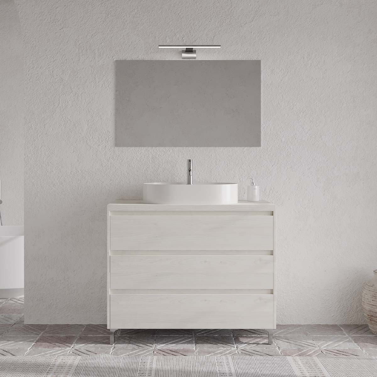 Set mobilier baie imitatie lemn gri, lavoar alb, lampa și oglindă, 100 cm, SaviniDue Lisbona