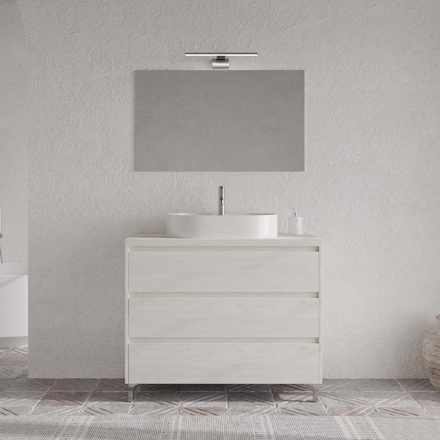 Set mobilier baie imitatie lemn gri, lavoar alb, lampa și oglindă, 100 cm, SaviniDue Lisbona