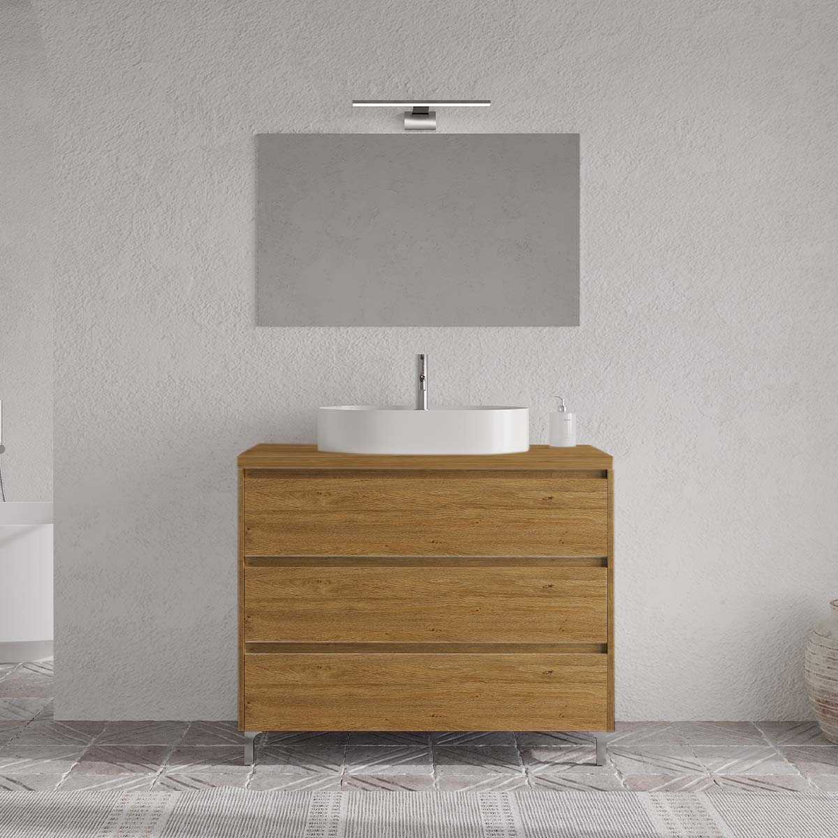 Set mobilier baie imitatie lemn natur, lavoar alb, lampa și oglindă, 100 cm, SaviniDue Lisbona