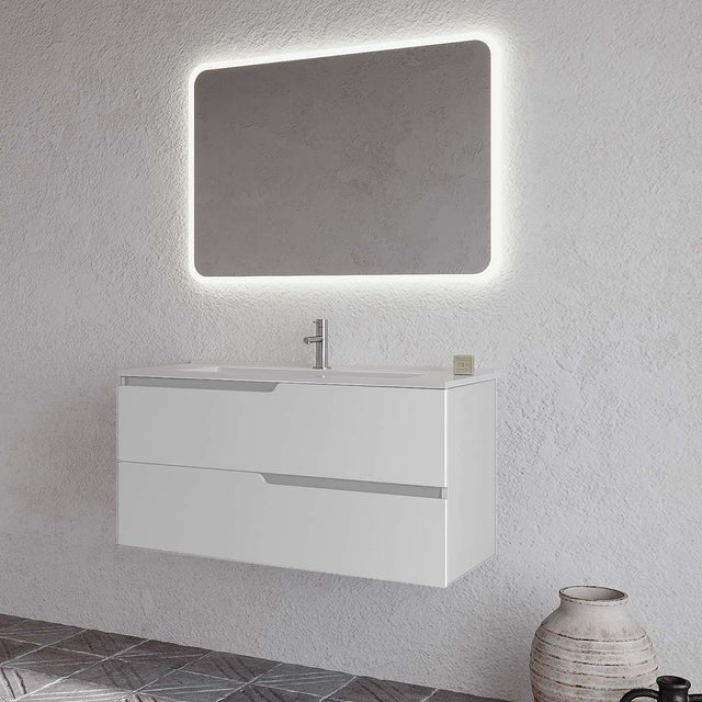 Set mobilier baie suspendat alb mat cu lavoar alb și oglindă, 100 cm, SaviniDue Winter