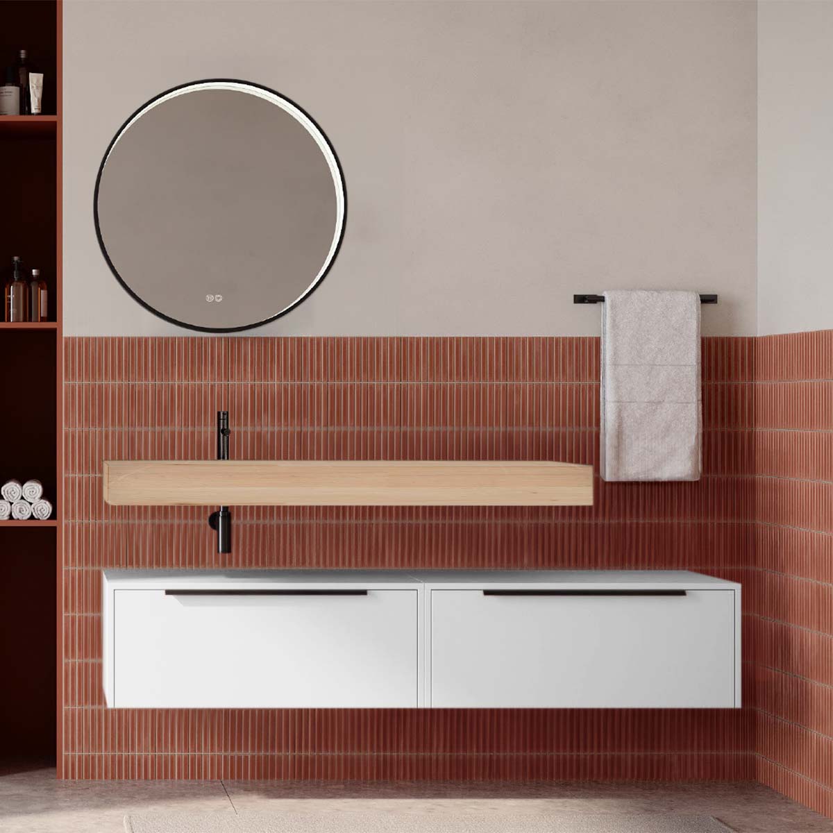 Set mobilier baie suspendat alb mat cu lavoar imitație lemn și oglindă, 160 cm, SaviniDue Iconica