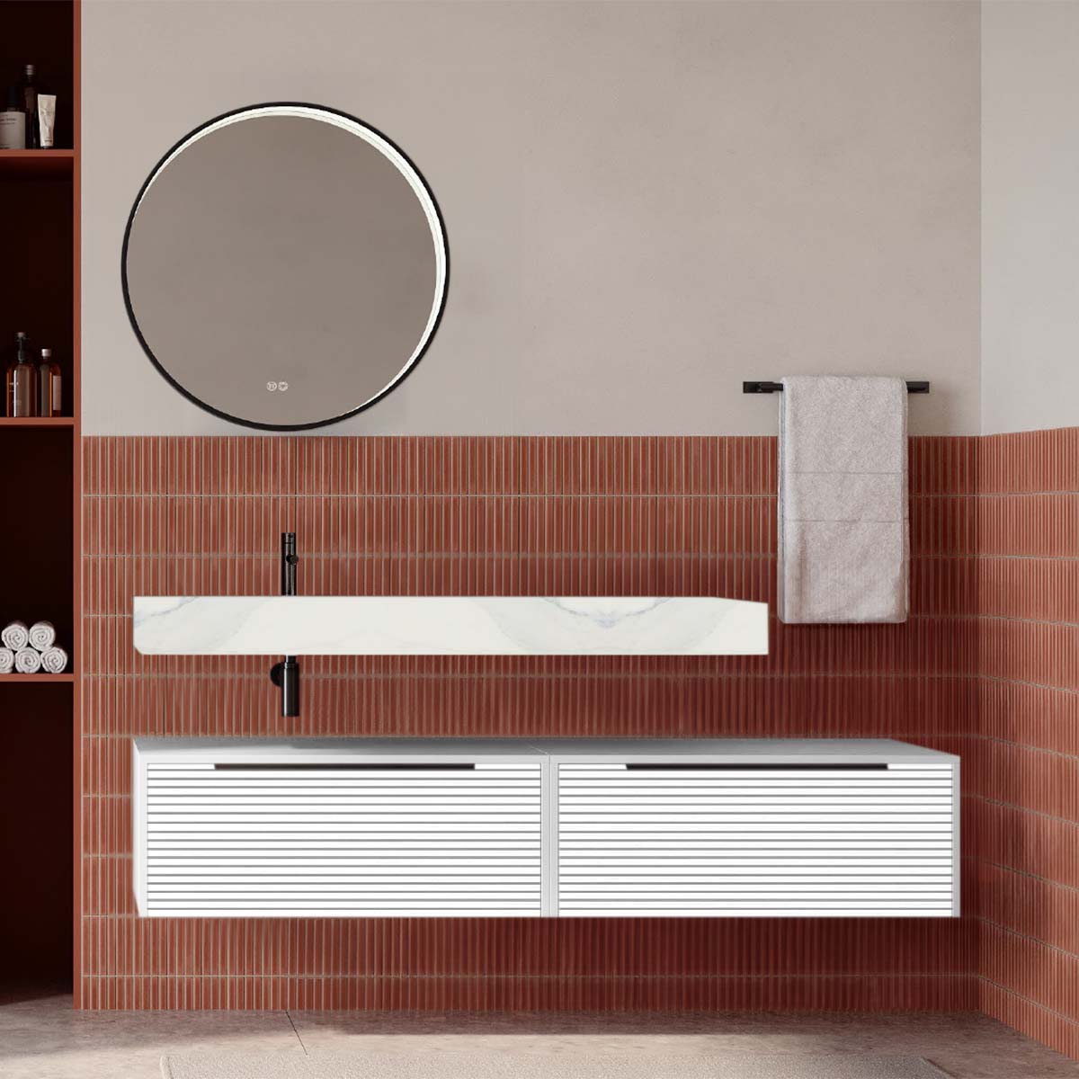 Set mobilier baie suspendat alb mat cu lavoar imitație marmura alba și oglindă, cu riflaje Dogato, 160 cm, SaviniDue Iconica