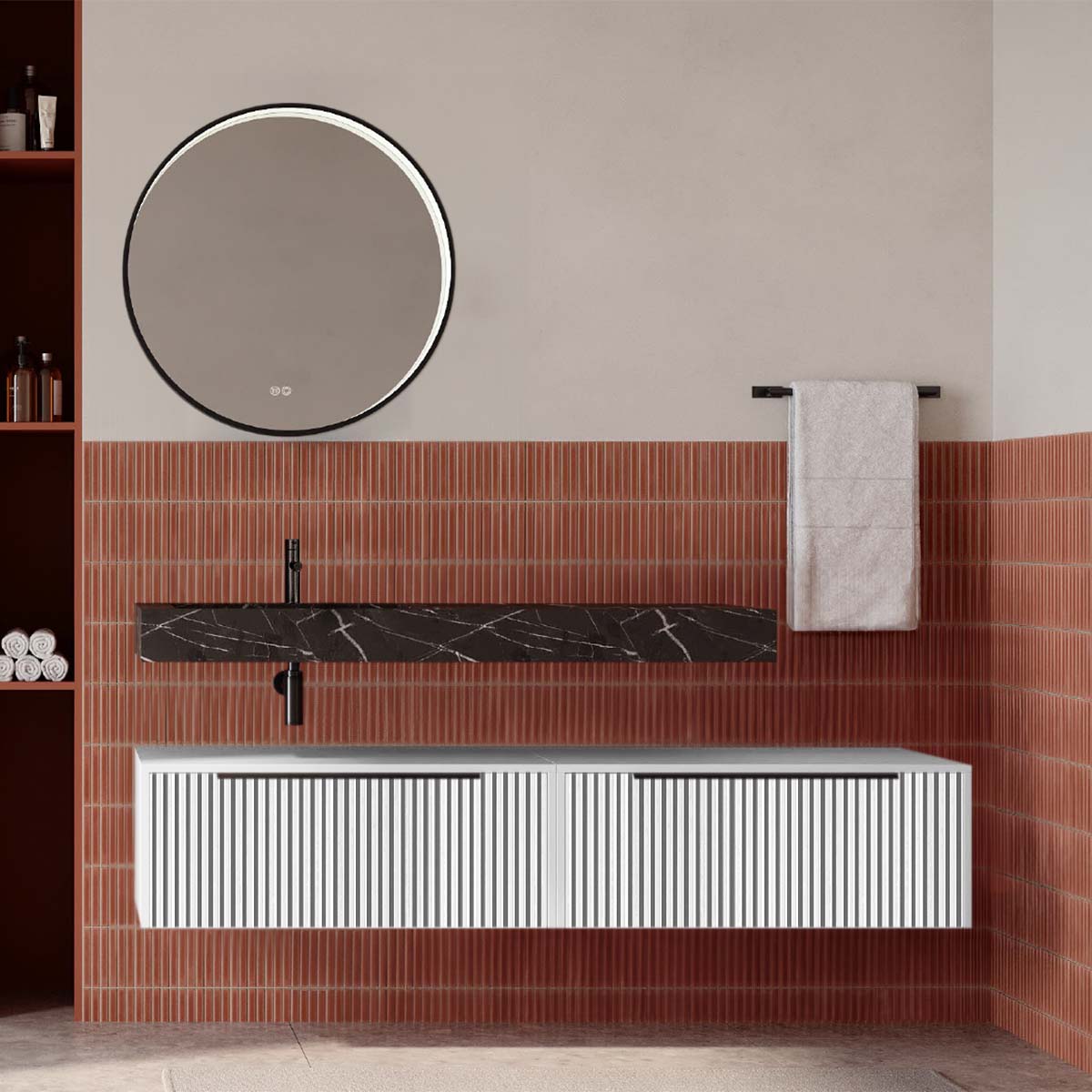 Set mobilier baie suspendat alb mat cu lavoar imitație marmura neagra și oglindă, cu riflaje cannetatto, 160 cm, SaviniDue Iconica