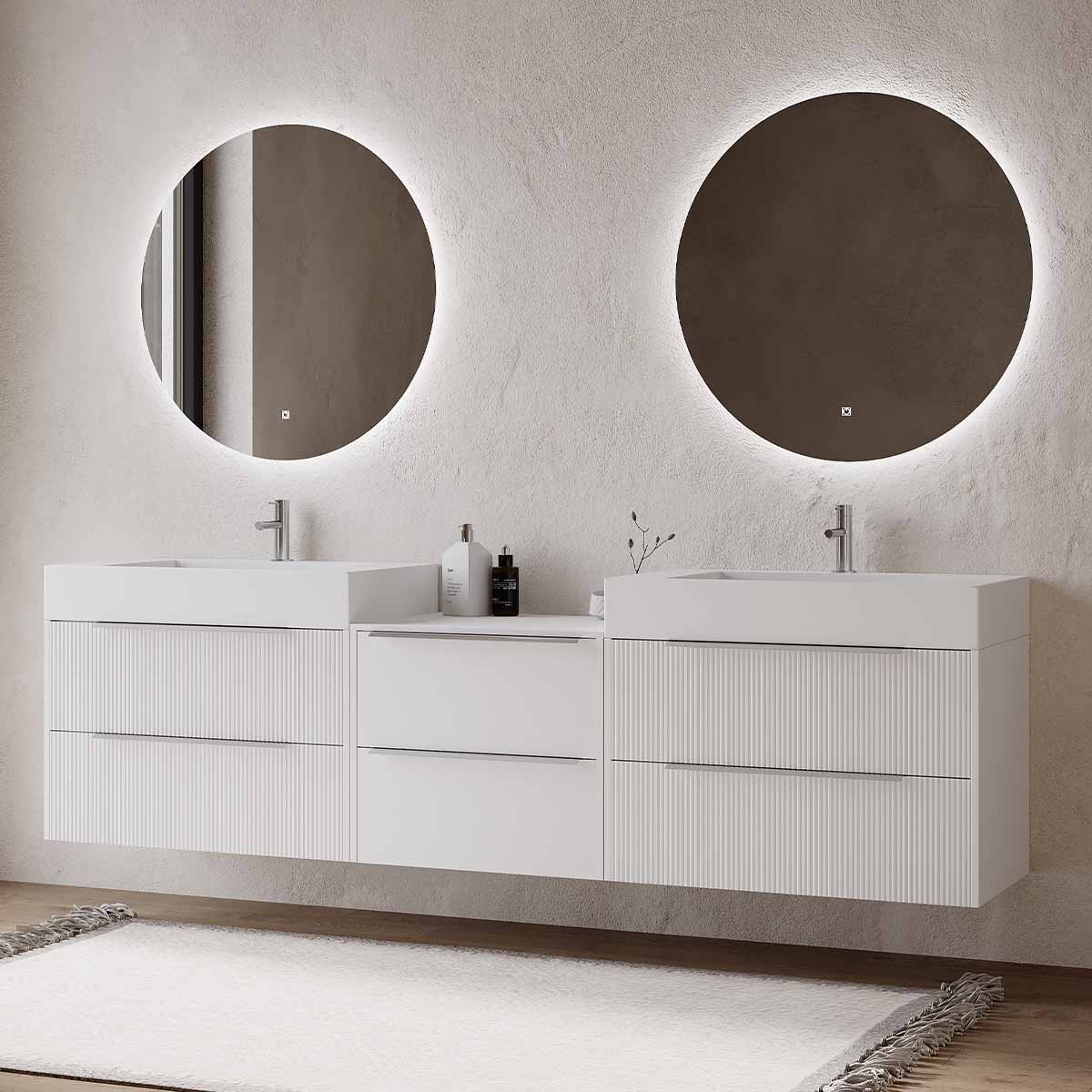 Set mobilier baie suspendat alb mat, lavoar dublu alb mat pe blat și 2 oglinzi, cu riflaje Cannetatto, 220 cm, SaviniDue Iconica