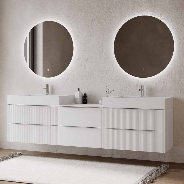 Set mobilier baie suspendat alb mat, lavoar dublu alb mat pe blat și 2 oglinzi, cu riflaje Cannetatto, 220 cm, SaviniDue Iconica