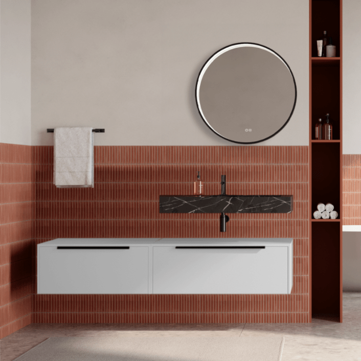 Set mobilier baie suspendat alb mat, lavoar negru si oglinda rotunda, manere negre, 140 cm, SaviniDue Iconica