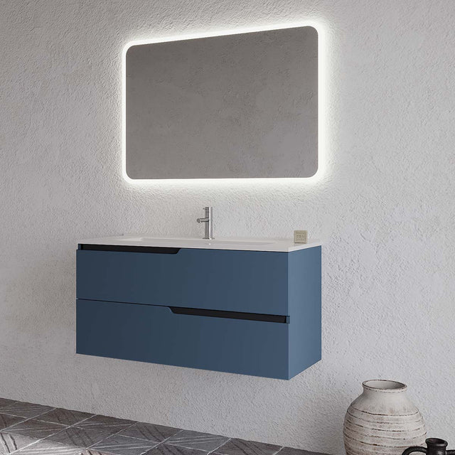 Set mobilier baie suspendat albastru mat cu lavoar alb și oglindă, 100 cm, SaviniDue Winter