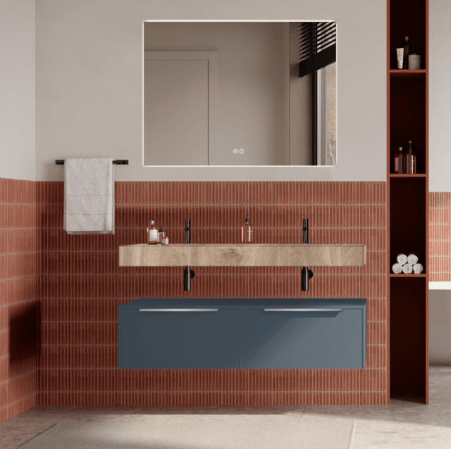 Set mobilier baie suspendat albastru mat, lavoar imitatie lemn si oglinda, manere din otel inoxidabil, 120 cm, SaviniDue Iconica