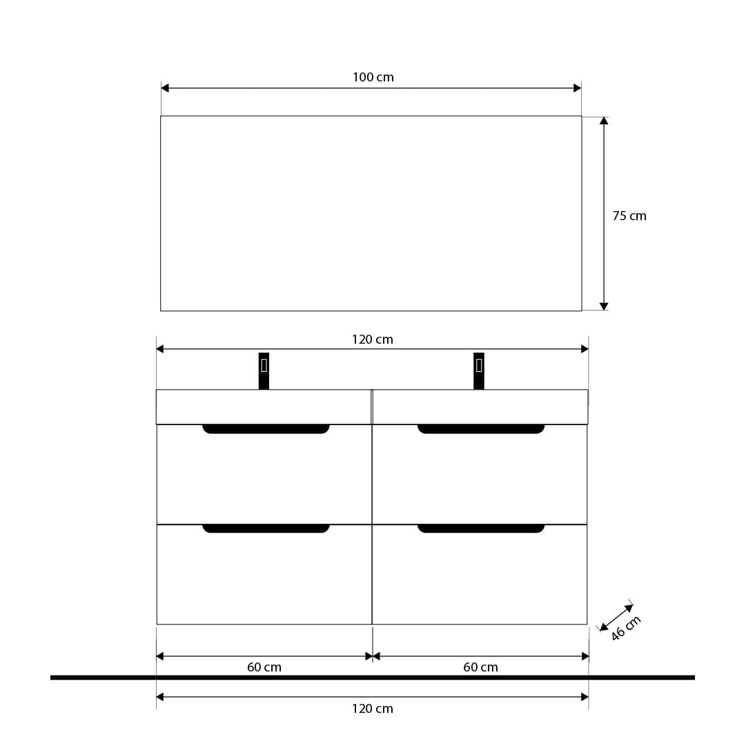 Set mobilier baie suspendat bej, lavoar HPL imitatie lemn și oglindă, 120 cm, riflaj Cannetatto SaviniDue Comfort