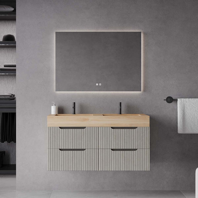 Set mobilier baie suspendat bej, lavoar HPL imitatie lemn și oglindă, 120 cm, riflaj Cannetatto SaviniDue Comfort