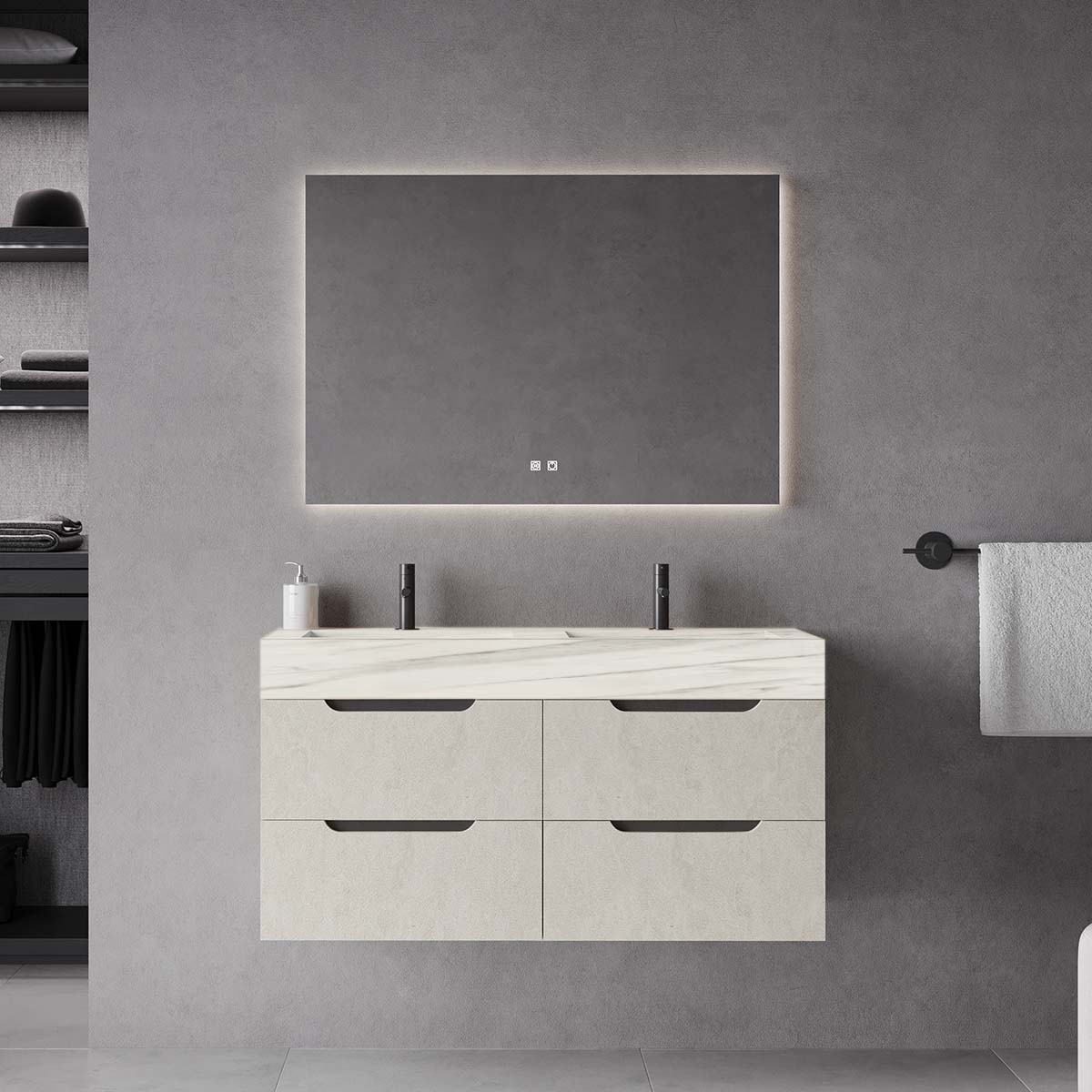 Set mobilier baie suspendat bej, lavoar HPL imitatie marmura alba și oglindă, 120 cm, SaviniDue Comfort