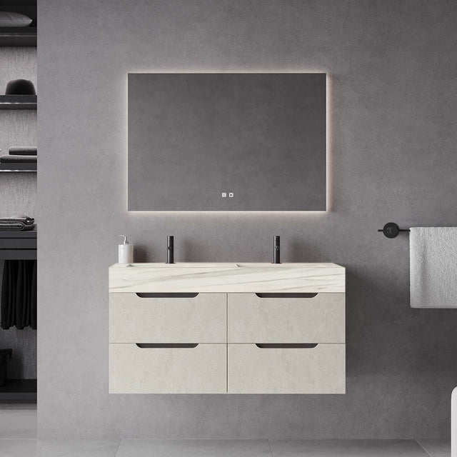 Set mobilier baie suspendat bej, lavoar HPL imitatie marmura alba și oglindă, 120 cm, SaviniDue Comfort