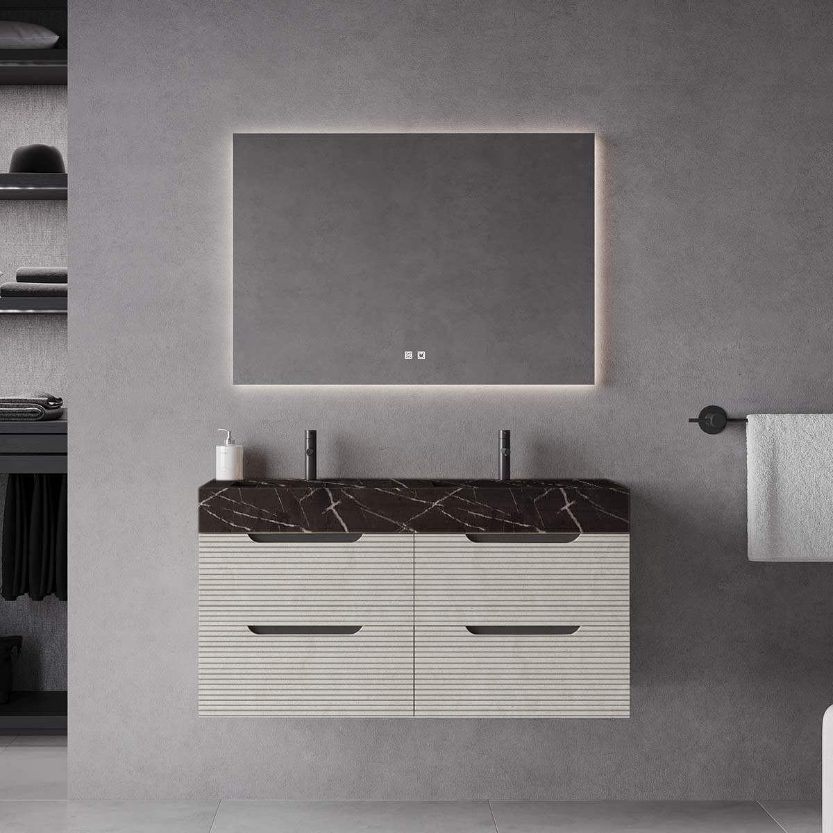 Set mobilier baie suspendat bej, lavoar HPL imitatie marmura neagra 120 cm, riflaj Dogato SaviniDue Comfort