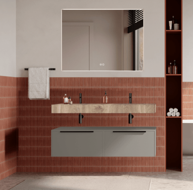 Set mobilier baie suspendat bej, lavoar imitatie lemn si oglinda, manere negre, 120 cm, SaviniDue Iconica