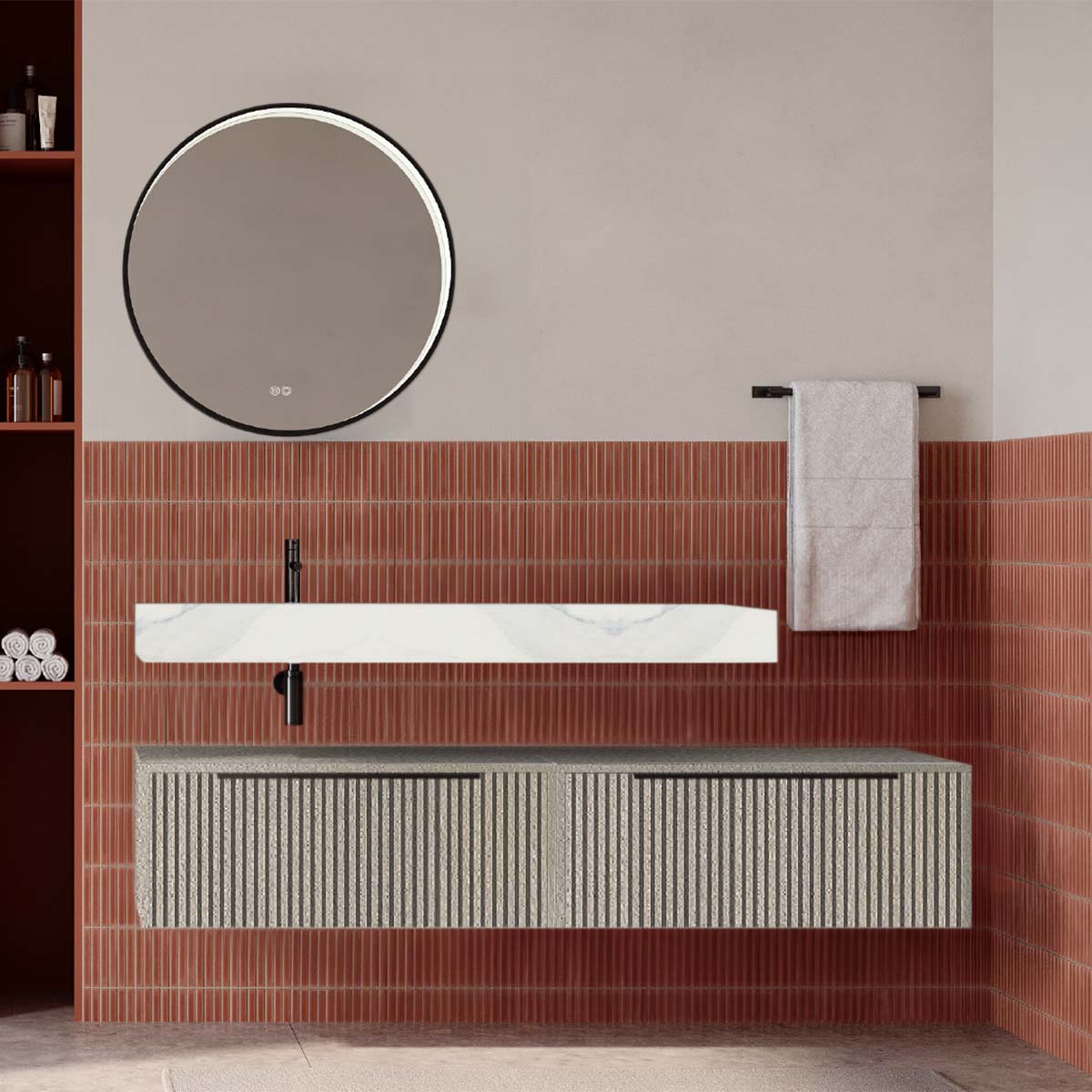 Set mobilier baie suspendat bej mat cu lavoar imitație marmura alba și oglindă, cu riflaje cannetatto, 160 cm, SaviniDue Iconica