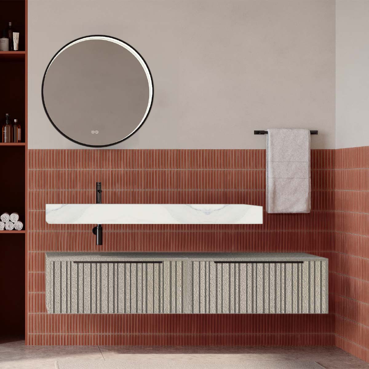 Set mobilier baie suspendat bej mat cu lavoar imitație marmura alba și oglindă, cu riflaje Plissetatto, 160 cm, SaviniDue Iconica