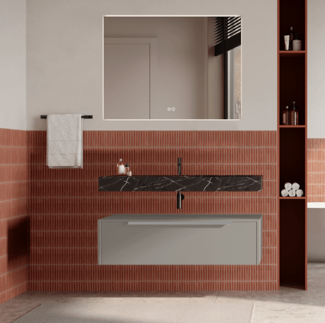 Set mobilier baie suspendat bej mat, lavoar negru și oglinda, manere otel inoxidabil, 100 cm, SaviniDue Iconica