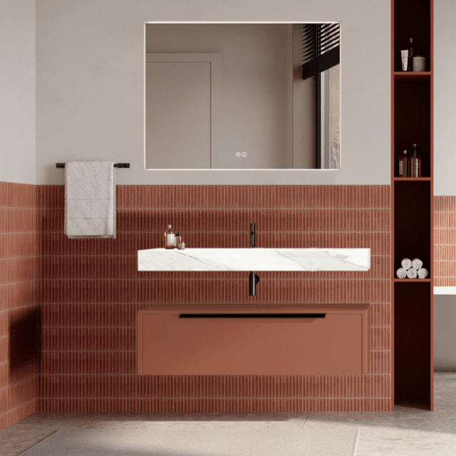 Set mobilier baie suspendat caramiziu, lavoar alb și oglinda, manere negre, 100 cm, SaviniDue Iconica