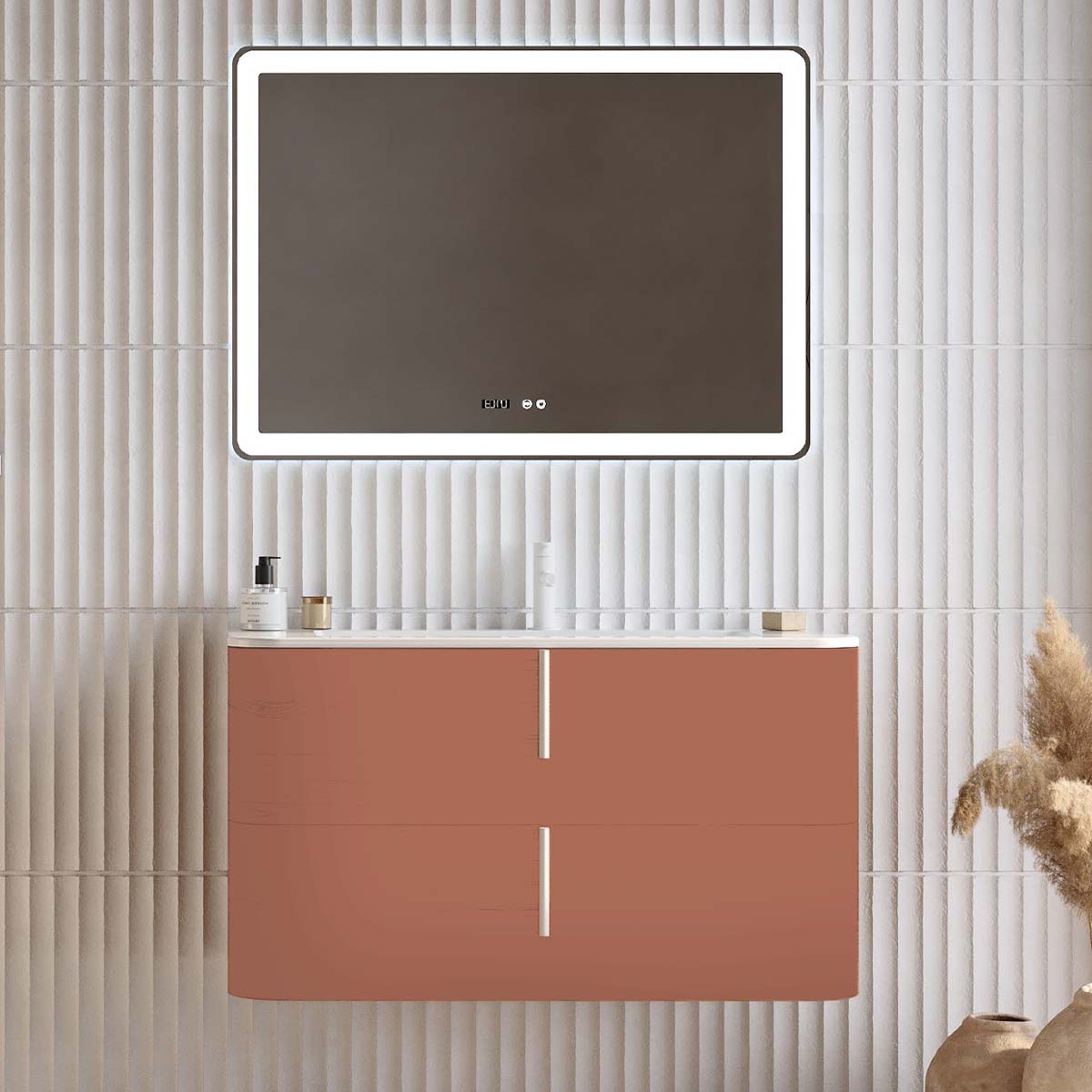 Set mobilier baie suspendat caramiziu, lavoar alb mat, oglinda, 100 cm, SaviniDue Lyra