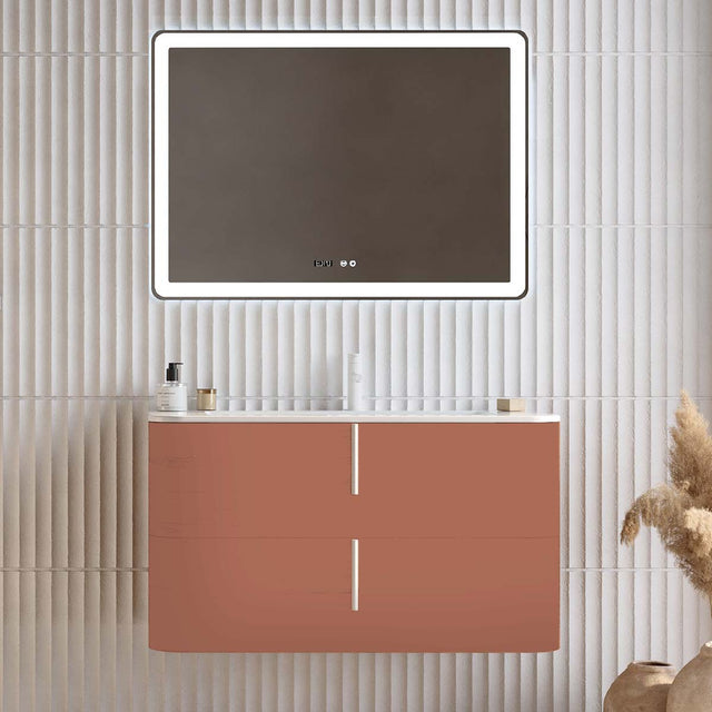 Set mobilier baie suspendat caramiziu, lavoar alb mat, oglinda, 100 cm, SaviniDue Lyra