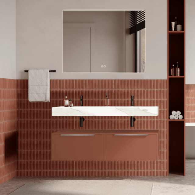 Set mobilier baie suspendat caramiziu, lavoar alb si oglinda, manere din otel inoxidabil, 120 cm, SaviniDue Iconica