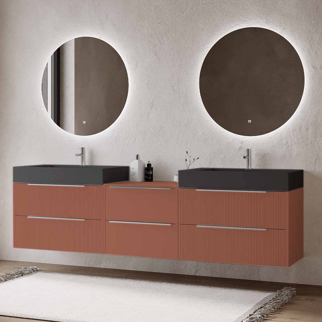 Set mobilier baie suspendat caramiziu, lavoar dublu negru mat pe blat și 2 oglinzi, cu riflaje Cannetatto, 220 cm, SaviniDue Iconica